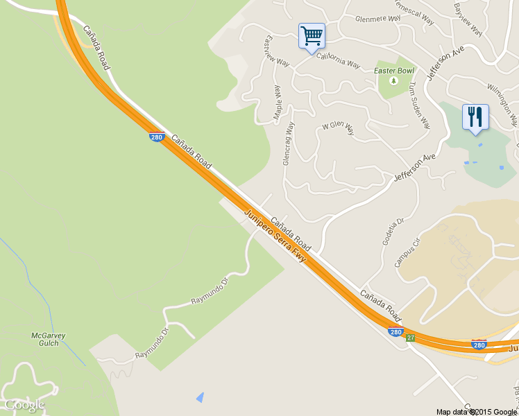 map of restaurants, bars, coffee shops, grocery stores, and more near Cañada Road in Woodside