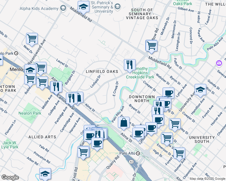 map of restaurants, bars, coffee shops, grocery stores, and more near 179 East Creek Drive in Menlo Park