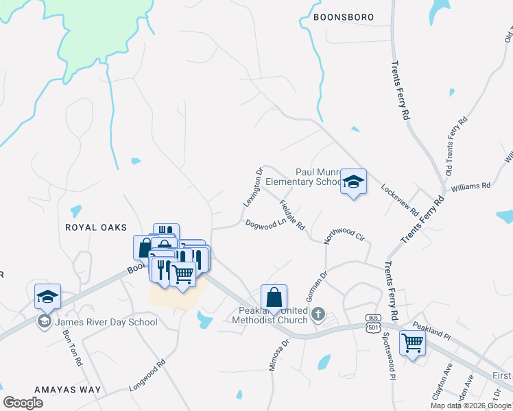 map of restaurants, bars, coffee shops, grocery stores, and more near 1610 Lexington Drive in Lynchburg