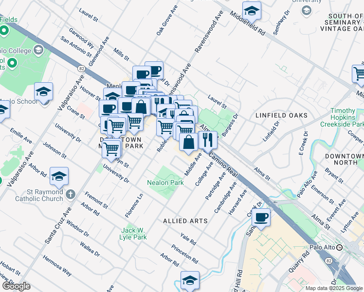 map of restaurants, bars, coffee shops, grocery stores, and more near 685 Roble Avenue in Menlo Park