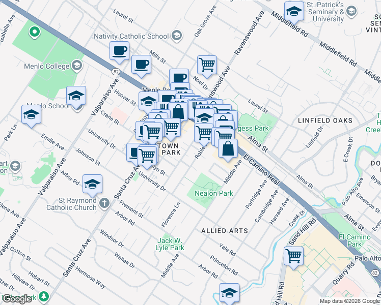 map of restaurants, bars, coffee shops, grocery stores, and more near 721 Live Oak Avenue in Menlo Park