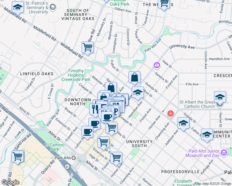 map of restaurants, bars, coffee shops, grocery stores, and more near 355 Webster Street in Palo Alto