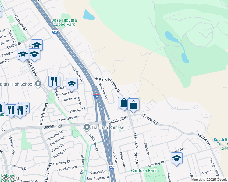 map of restaurants, bars, coffee shops, grocery stores, and more near 1103 Creed Street in Milpitas