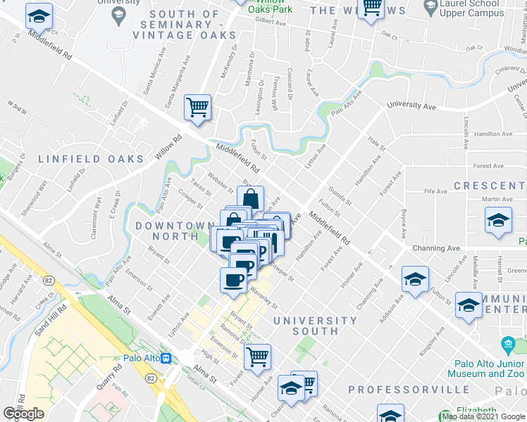 map of restaurants, bars, coffee shops, grocery stores, and more near 330 Everett Court in Palo Alto