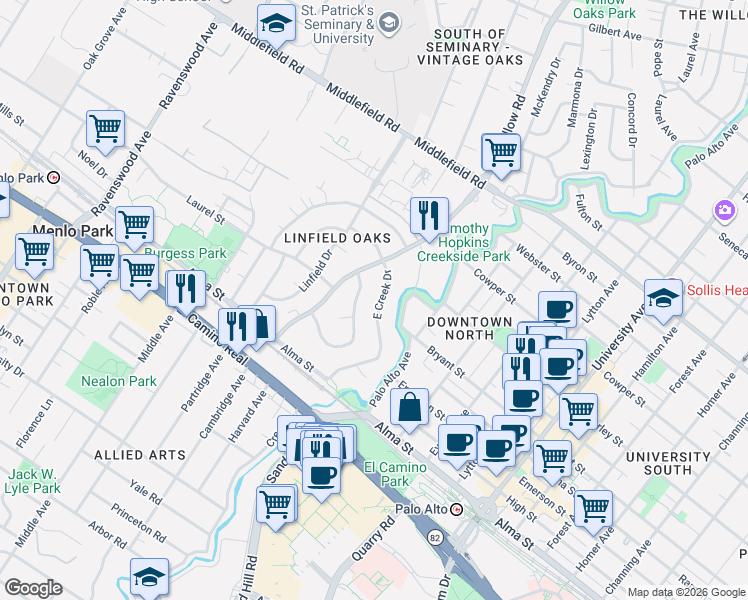 map of restaurants, bars, coffee shops, grocery stores, and more near 179 East Creek Drive in Menlo Park
