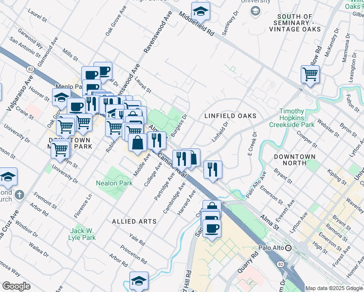 map of restaurants, bars, coffee shops, grocery stores, and more near 495 Waverley Street in Palo Alto