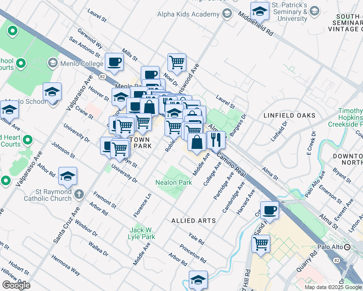 map of restaurants, bars, coffee shops, grocery stores, and more near 685 Roble Avenue in Menlo Park