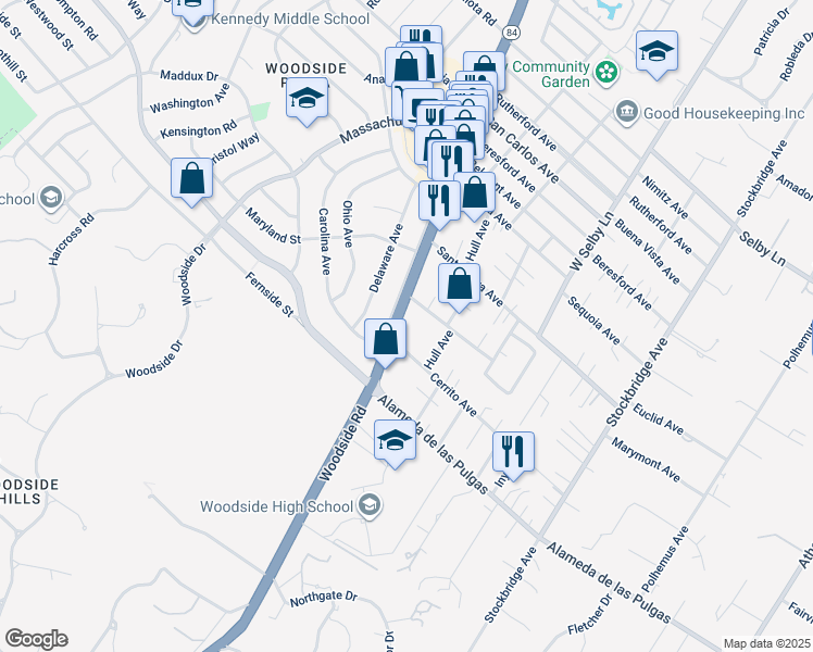 map of restaurants, bars, coffee shops, grocery stores, and more near 1963 Woodside Road in Redwood City