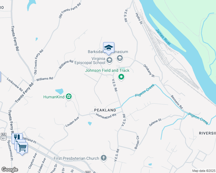 map of restaurants, bars, coffee shops, grocery stores, and more near 501 V.E.S. Road in Lynchburg