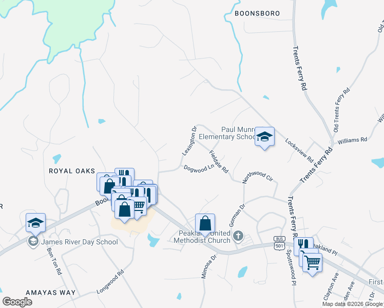 map of restaurants, bars, coffee shops, grocery stores, and more near 1610 Lexington Drive in Lynchburg