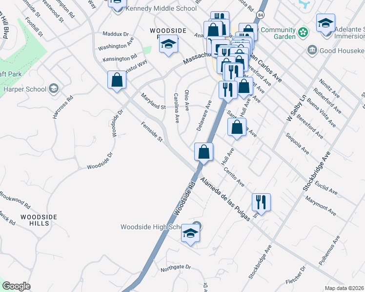 map of restaurants, bars, coffee shops, grocery stores, and more near 1971 Alameda de las Pulgas in Redwood City