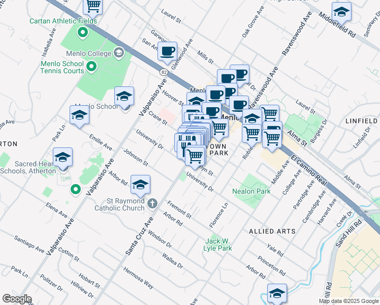 map of restaurants, bars, coffee shops, grocery stores, and more near 860 Santa Cruz Avenue in Menlo Park