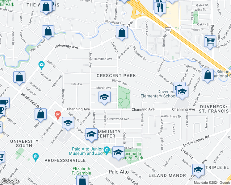 map of restaurants, bars, coffee shops, grocery stores, and more near 6 Tevis Place in Palo Alto