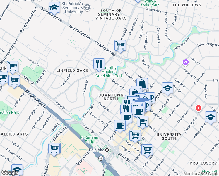 map of restaurants, bars, coffee shops, grocery stores, and more near 429 Ruthven Avenue in Palo Alto