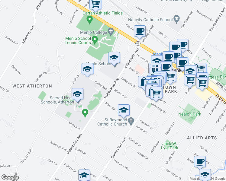 map of restaurants, bars, coffee shops, grocery stores, and more near 1001 Valparaiso Avenue in Menlo Park
