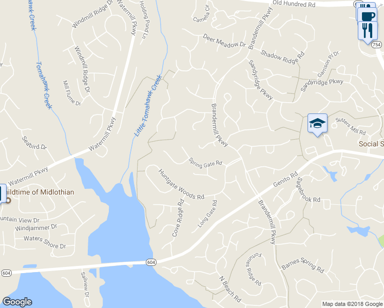 map of restaurants, bars, coffee shops, grocery stores, and more near 14208 Spring Gate Road in Midlothian