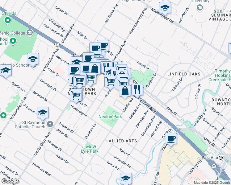 map of restaurants, bars, coffee shops, grocery stores, and more near 685 Roble Avenue in Menlo Park