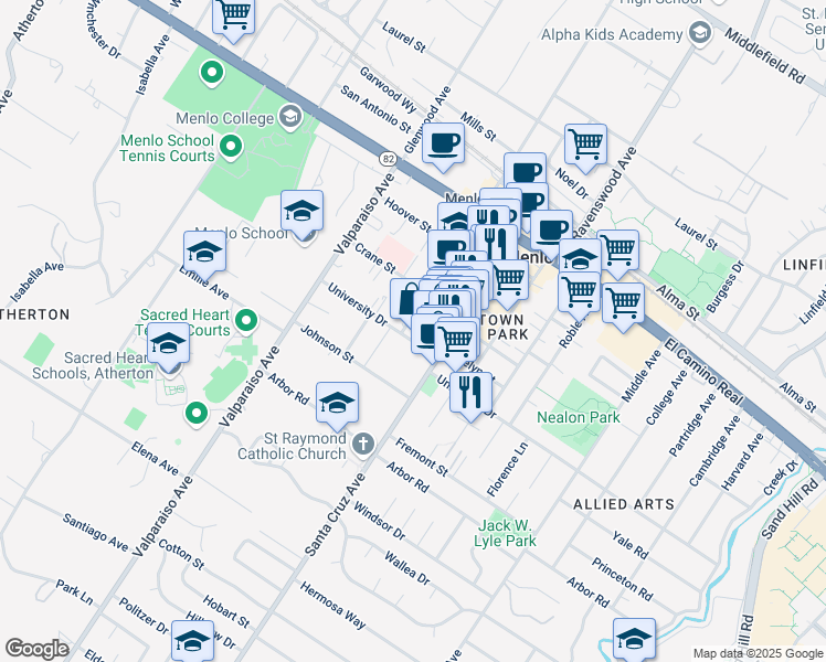 map of restaurants, bars, coffee shops, grocery stores, and more near 1154 University Avenue in Menlo Park