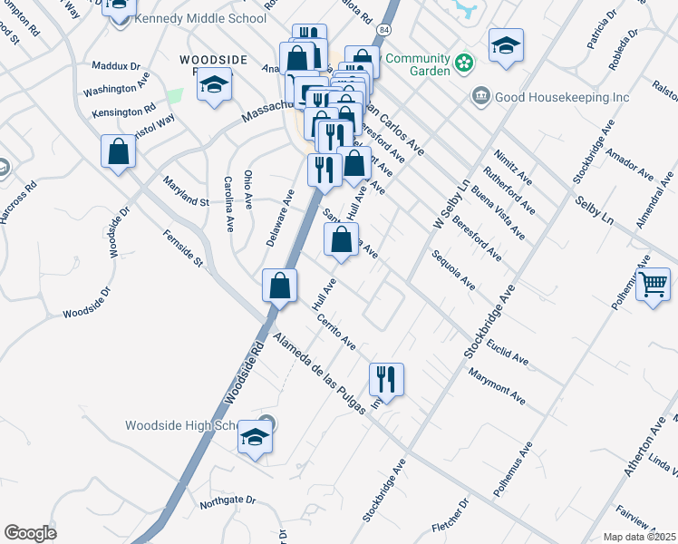 map of restaurants, bars, coffee shops, grocery stores, and more near 1879 Hull Avenue in Redwood City