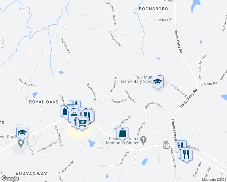 map of restaurants, bars, coffee shops, grocery stores, and more near 1610 Lexington Drive in Lynchburg