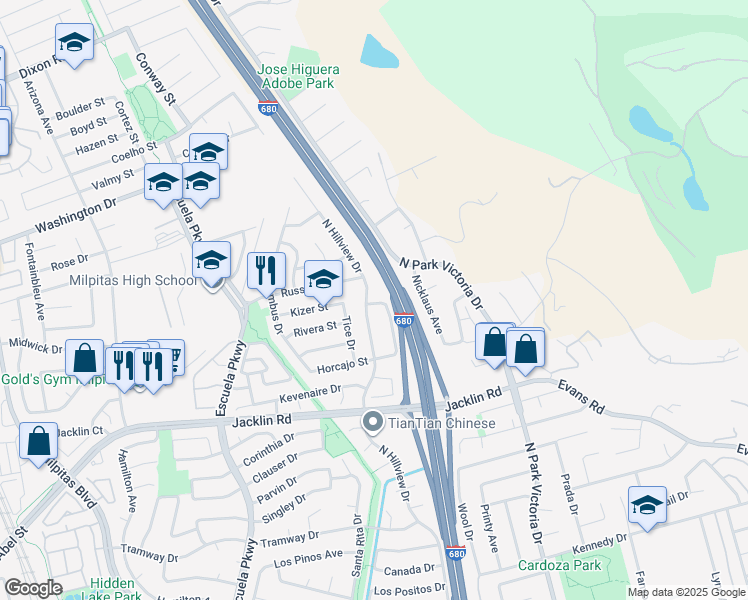 map of restaurants, bars, coffee shops, grocery stores, and more near 1119 Horcajo Circle in Milpitas