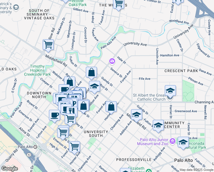 map of restaurants, bars, coffee shops, grocery stores, and more near 628 Guinda Street in Palo Alto