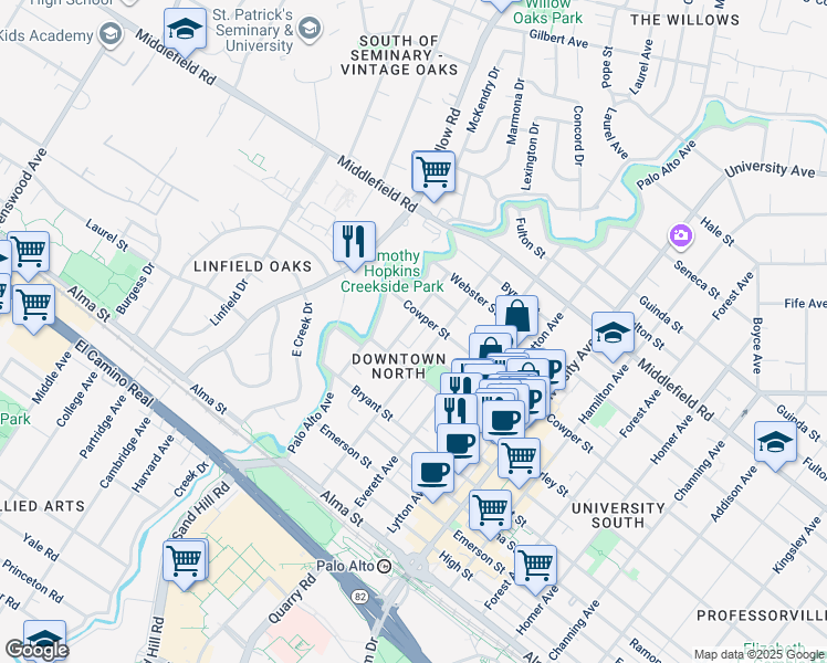 map of restaurants, bars, coffee shops, grocery stores, and more near 428 Ruthven Avenue in Palo Alto