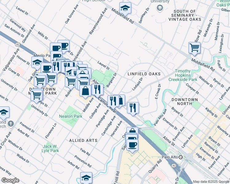 map of restaurants, bars, coffee shops, grocery stores, and more near 495 Waverley Street in Palo Alto