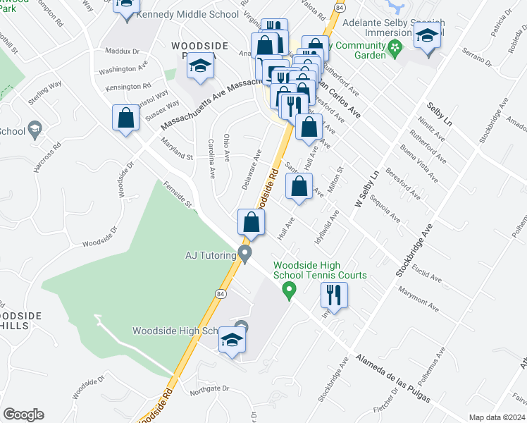 map of restaurants, bars, coffee shops, grocery stores, and more near 1963 Woodside Road in Redwood City