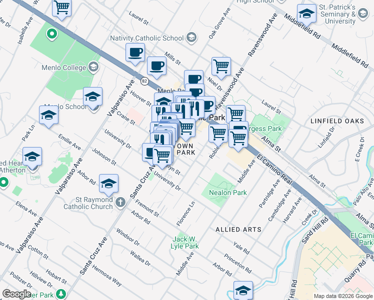 map of restaurants, bars, coffee shops, grocery stores, and more near 727 Menlo Avenue in Menlo Park
