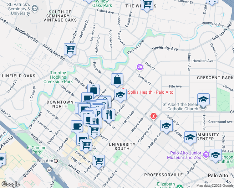 map of restaurants, bars, coffee shops, grocery stores, and more near University Avenue in Palo Alto