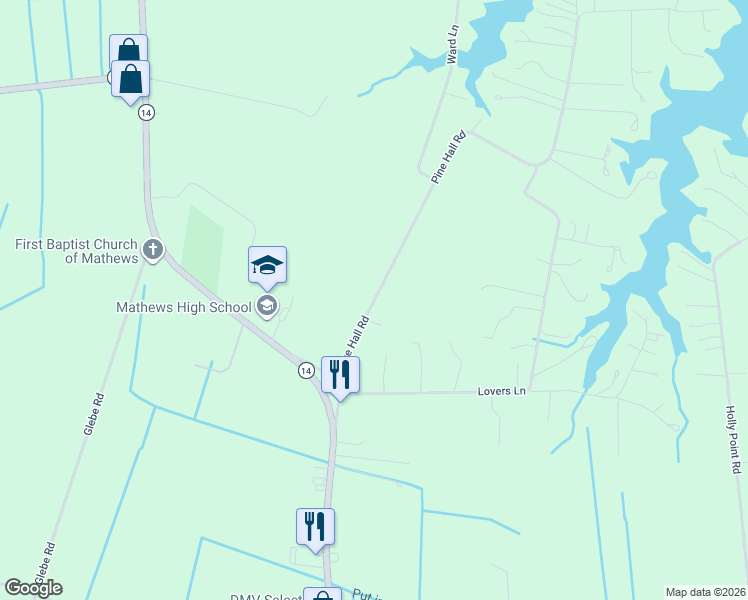 map of restaurants, bars, coffee shops, grocery stores, and more near Pine Hall Road in Mathews