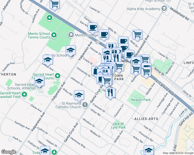 map of restaurants, bars, coffee shops, grocery stores, and more near 1154 University Avenue in Menlo Park