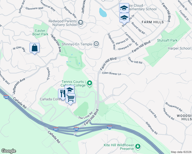 map of restaurants, bars, coffee shops, grocery stores, and more near 4000 Farm Hill Boulevard in Redwood City