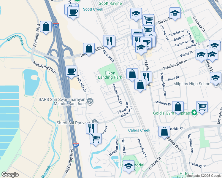 map of restaurants, bars, coffee shops, grocery stores, and more near 1482 Los Buellis Way in Milpitas