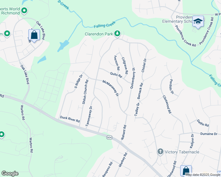 map of restaurants, bars, coffee shops, grocery stores, and more near 2906 McManaway Drive in Midlothian