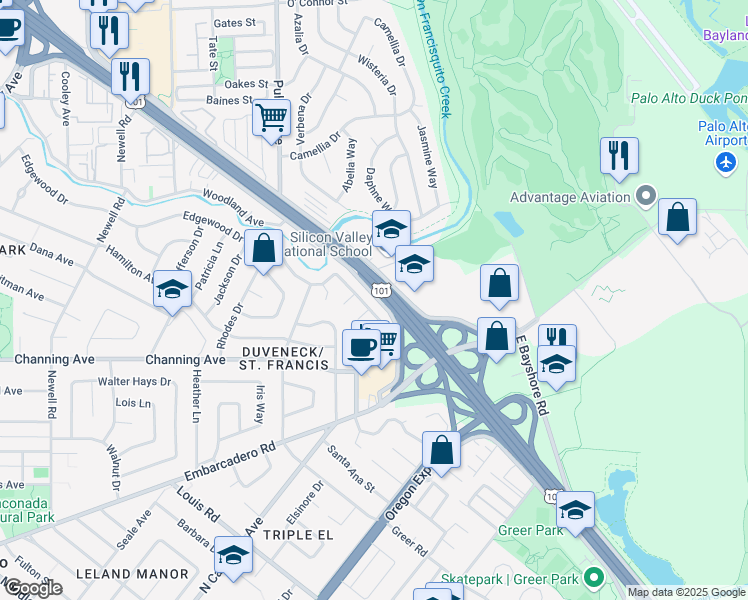 map of restaurants, bars, coffee shops, grocery stores, and more near 2073 Edgewood Drive in Palo Alto