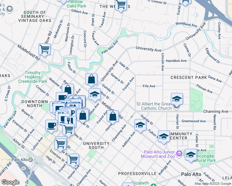 map of restaurants, bars, coffee shops, grocery stores, and more near 628 Guinda Street in Palo Alto