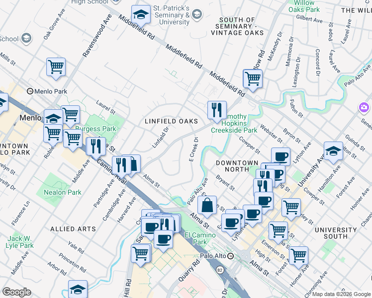 map of restaurants, bars, coffee shops, grocery stores, and more near 179 East Creek Drive in Menlo Park
