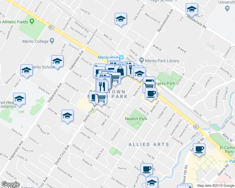 map of restaurants, bars, coffee shops, grocery stores, and more near 742 Live Oak Avenue in Menlo Park