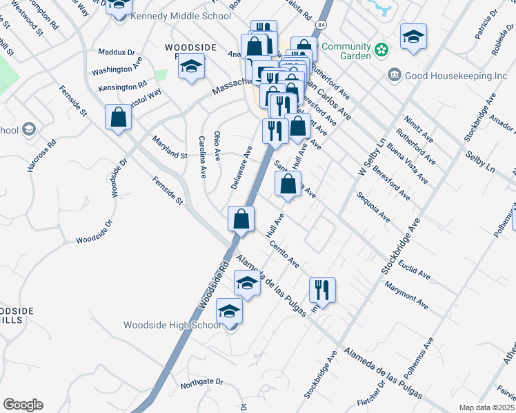 map of restaurants, bars, coffee shops, grocery stores, and more near 1963 Woodside Road in Redwood City