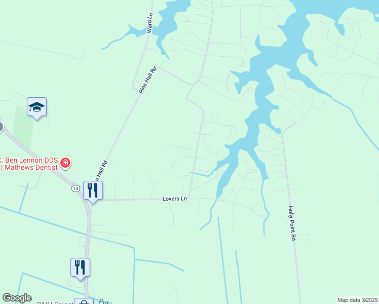map of restaurants, bars, coffee shops, grocery stores, and more near 659 Lovers Lane in Mathews
