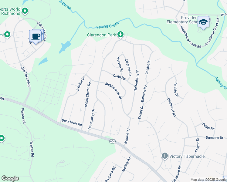 map of restaurants, bars, coffee shops, grocery stores, and more near 2906 McManaway Drive in Midlothian