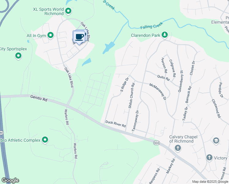 map of restaurants, bars, coffee shops, grocery stores, and more near 12402 South Ridge Circle in Midlothian