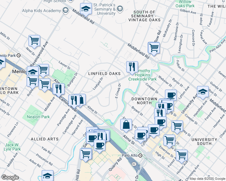 map of restaurants, bars, coffee shops, grocery stores, and more near 335 Claremont Way in Menlo Park