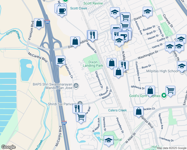 map of restaurants, bars, coffee shops, grocery stores, and more near 1480 Los Buellis Way in Milpitas