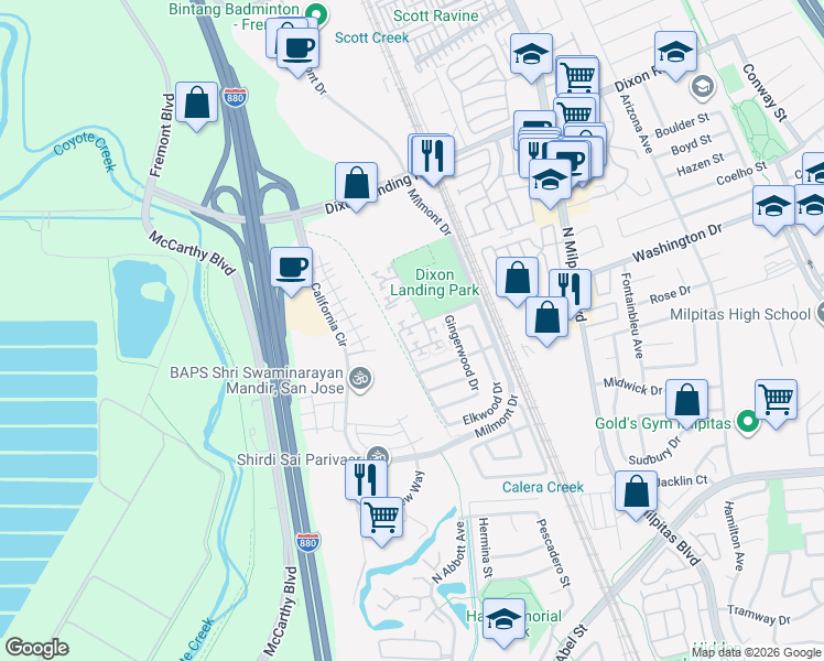 map of restaurants, bars, coffee shops, grocery stores, and more near 392 Terra Mesa Way in Milpitas