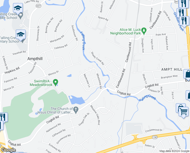 map of restaurants, bars, coffee shops, grocery stores, and more near 5410 Grist Mill Drive in Richmond