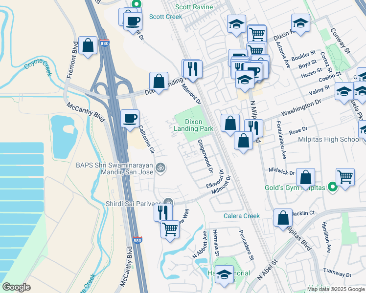 map of restaurants, bars, coffee shops, grocery stores, and more near 392 Terra Mesa Way in Milpitas