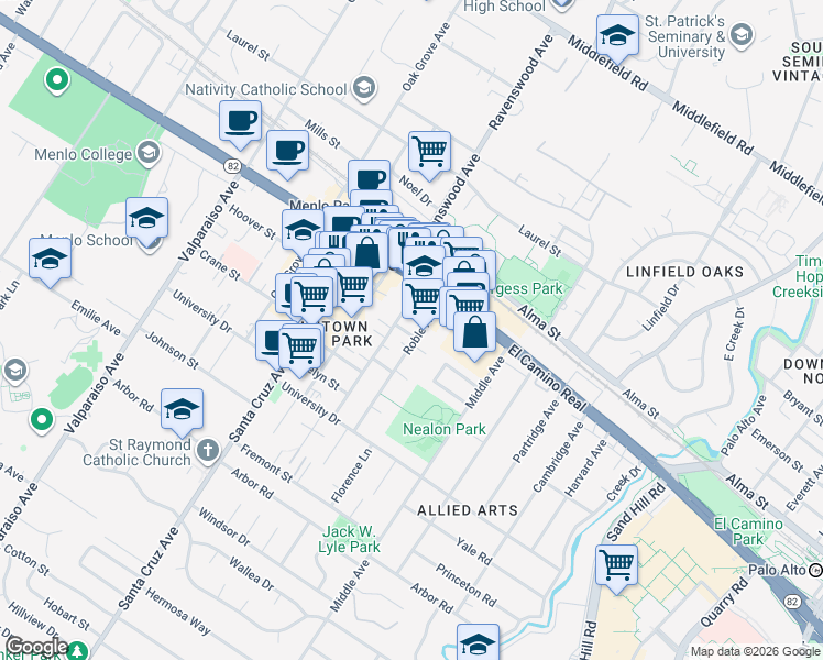 map of restaurants, bars, coffee shops, grocery stores, and more near 806 Curtis Street in Menlo Park
